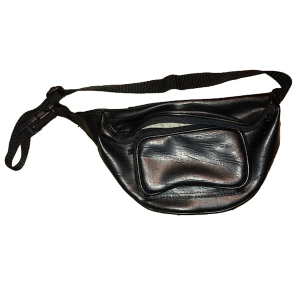 VINTAGE Shiny Faux Leather Shiny Fanny Pack Waist Bag Black Adjustable Strap - Picture 1 of 6